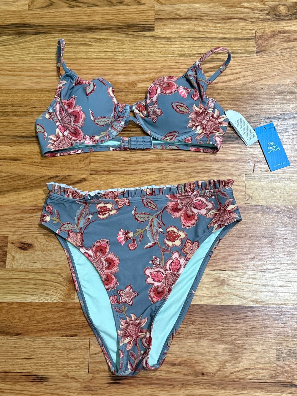 Cupshe Slate Blue Floral Underwire Bikini with Rose Accents